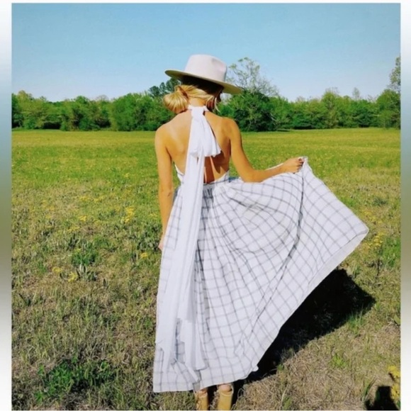 Gianni Bini x Venita Aspen Tinsley Plaid Maxi Dress Halter Ivory/Navy Sz 4 NWT - Picture 4 of 13